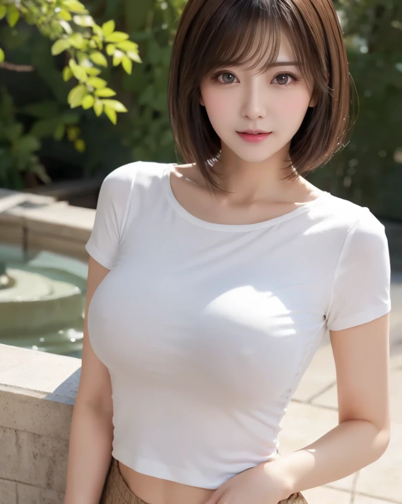 masterpiece, best quality, ultra high res,(photo realistic:1.6), 1girl, looking at viewer, bob hair, small eyes, round face, (bokeh:1.4), (cleavage:0.4), white t-shirt, jeans, belt, (breast:1.2), paisura,