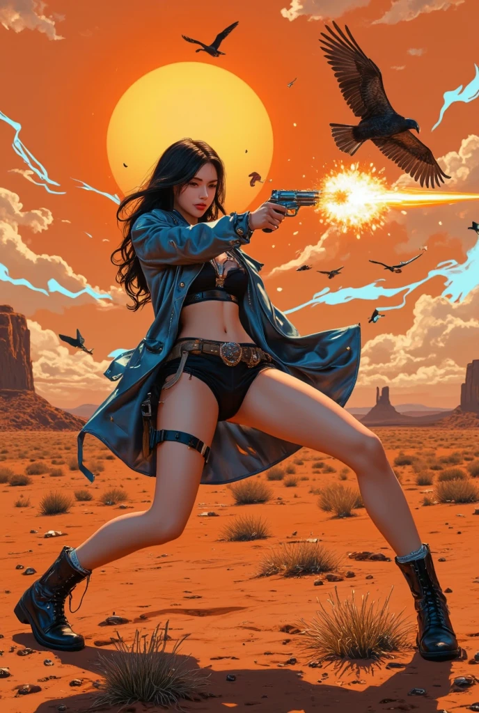 an attractive woman [gunslinger:bounty hunter:0.4] standing in a apocalyptic wilderness (bitboats style:1) <lora:djzBitBoats_LB2:0.8>