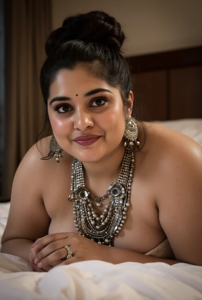 Indian medium plus size hot and busty women, with hair tight bun,  lying in bed without cloths,  covered her  and pussy  with entire silver ornaments ,  smiling and seeing in camera with seducing look, full body view
