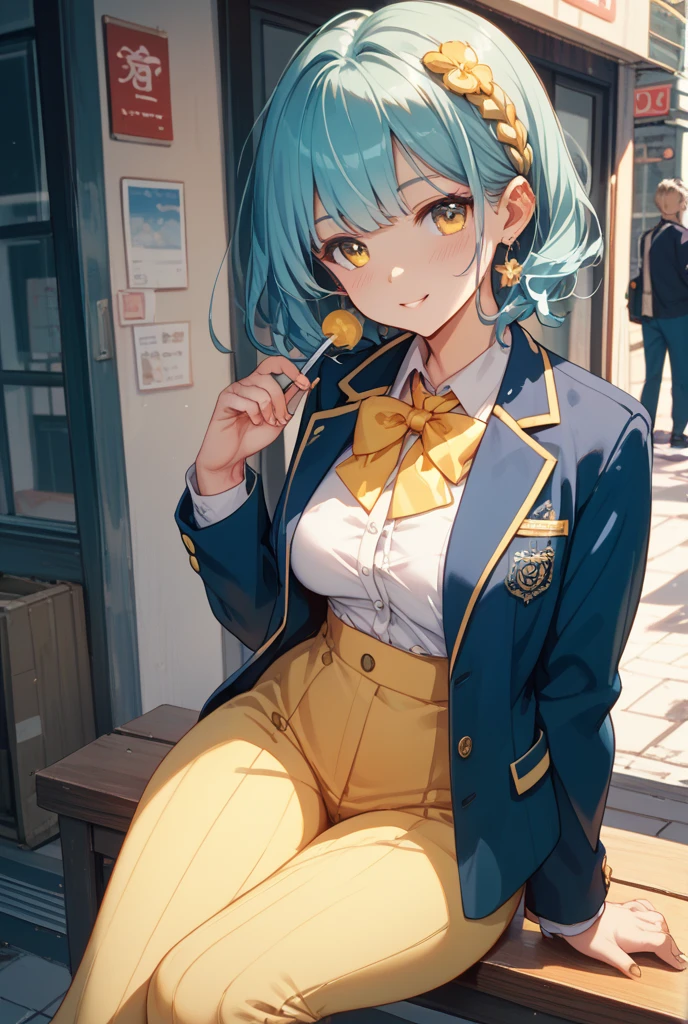 Create Bulma with her yellow suit but with tits that fit tight and her tits stand out in the yellow suit.
