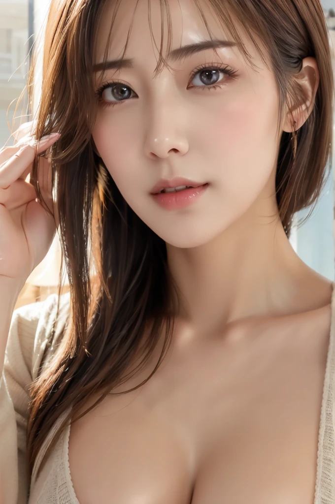 Canon RF85mm f/1.2,masterpiece,highest quality,ultra high resolution,VC,1 girl,(korean mixed,K-POPアイドル:1.2),alone,white_shiny_skin,black eye,necklace,((Brown_length_wavy_hair)),((pink_shiny_lips)),eyelash,前hair,make,compensate,shiny,pore,skin texture,bracelet(nurse,)big breasts,show your chest