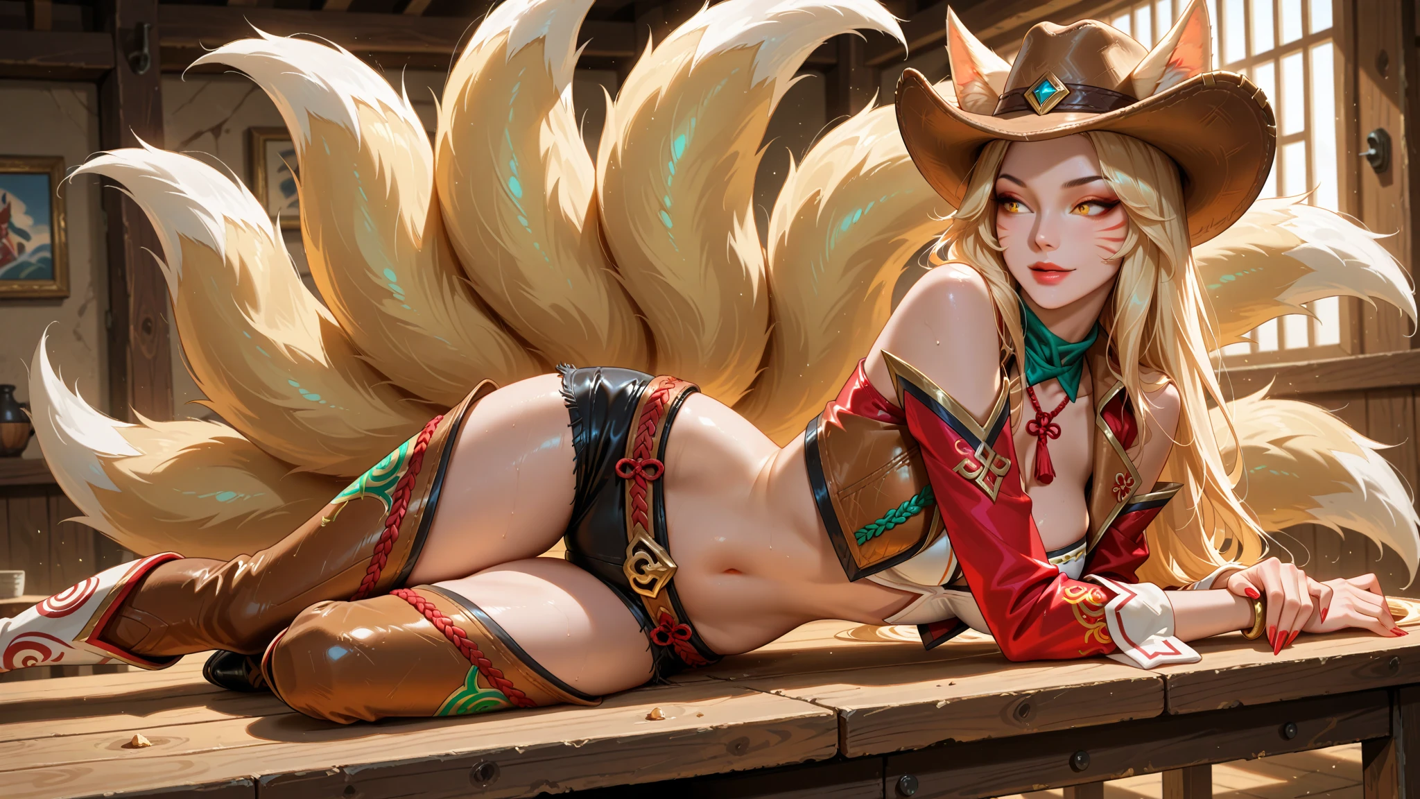 (exceptional, best quality, unparalleled, magnum opus, maximum detail, vibrant colors, brilliant, hdr, fantastic:1.3), 1girl, tribal aboriginal clothing, orange hair, dark skin, fennec fox ears, bushy tail, colonial era, sandstone fort in the background