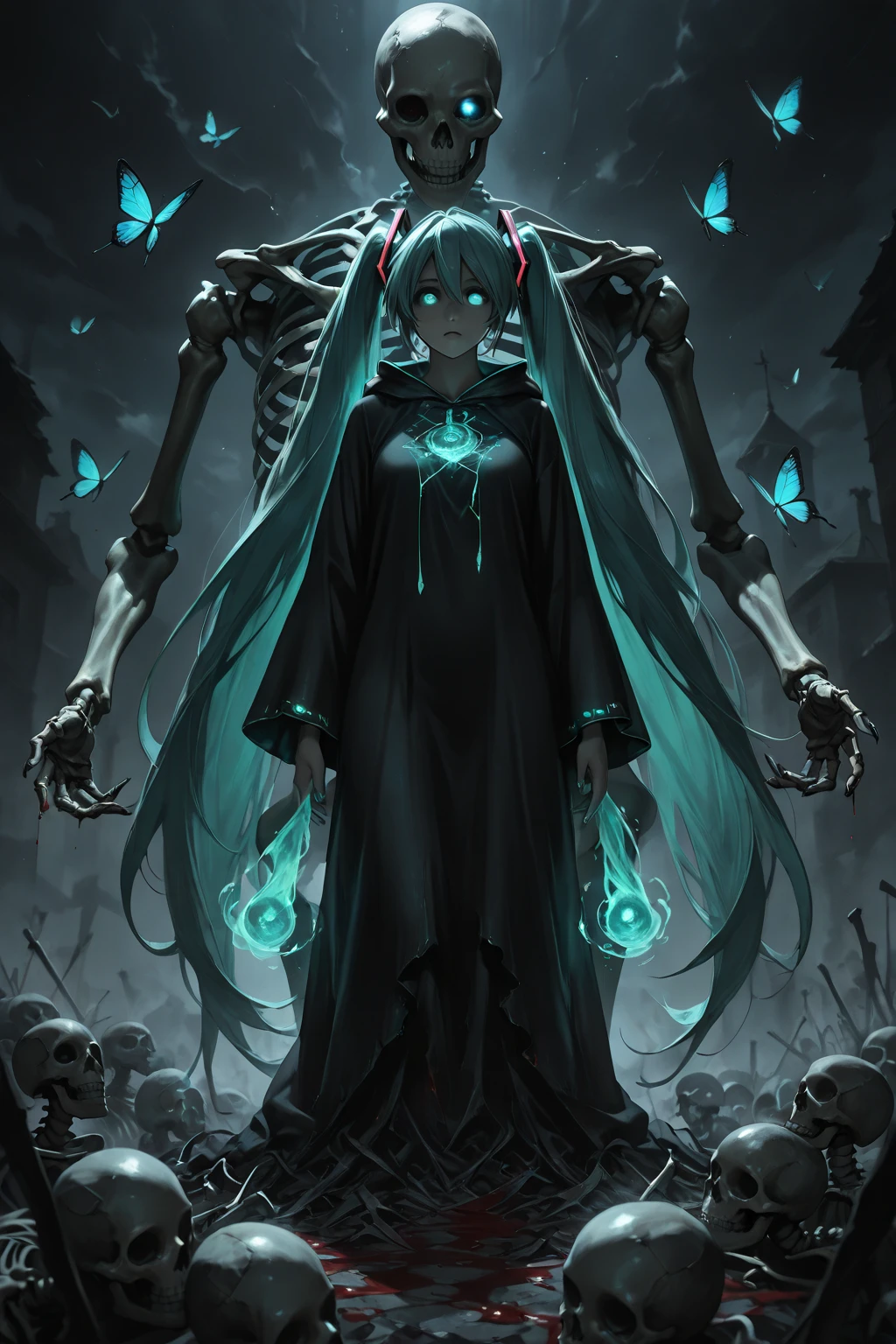 EXCELLENT QUALITY,最High Quality,High Quality,masterpiece,very nice illustrations,girl,Beautiful girl,cute,VOCALOID,Hatsune Miku,turquoise long twin tails,blue-green nails,blue-green glowing eyes,Black Hooded Robe,necromancer,dark night in the woods,magic,Dead,Skeleton,Blue glowing butterfly々is flying,Blood,horror,fantastic,Isekai for puzzles,Dark Fantasy