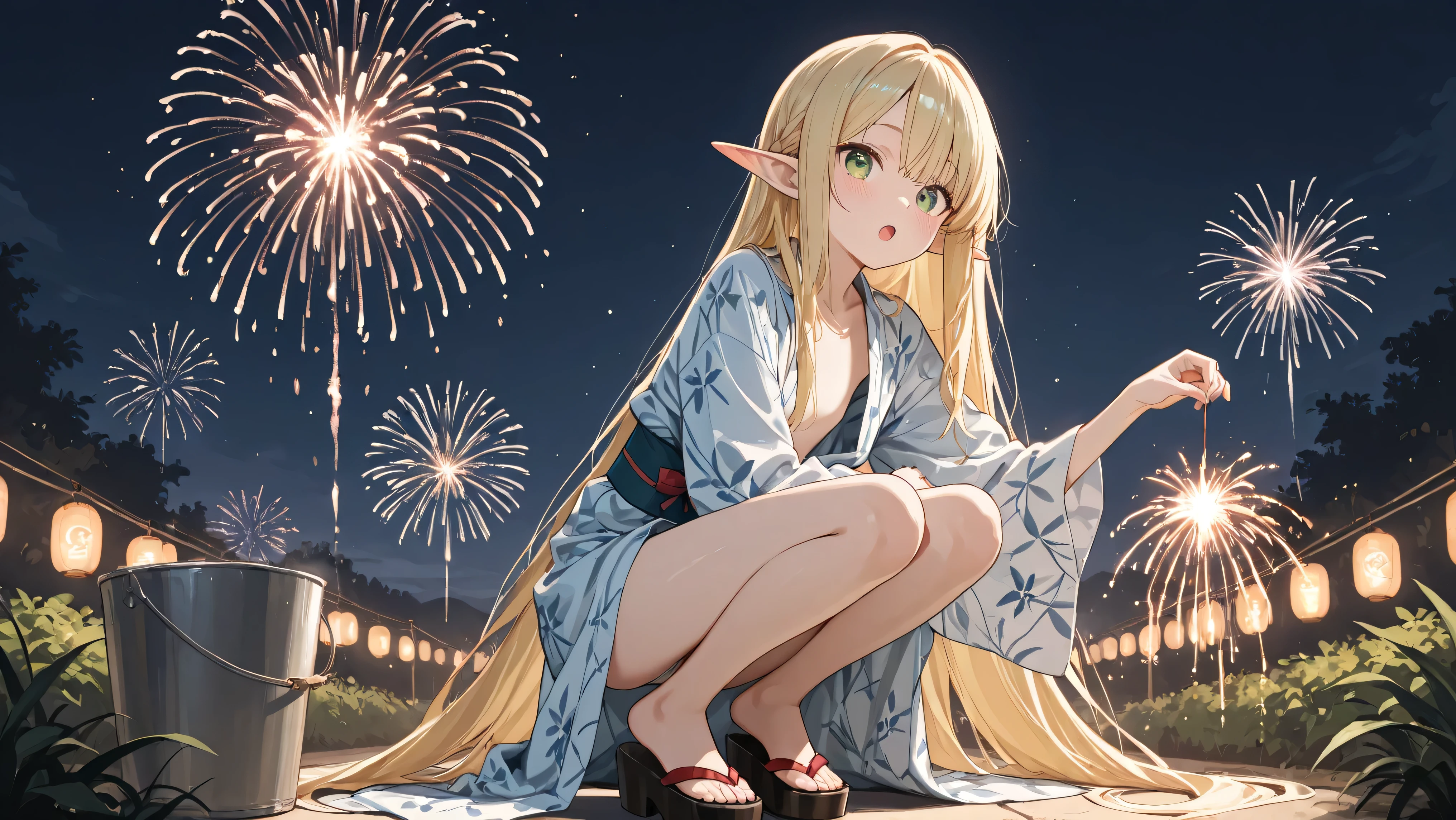 、solo,((1girl)),Round face、,(masterpiece), (Superb), perfect face, very detailed face, very detailed face, beautiful girl,Slim、((thin legs))、8k,、 Detailed Eye Description、,((Elf))、((flat chest))、((green eyes))、Blonde、(absurdly long hair)、summer、night、blush and my ears are red、(:O, open mouth)、In the garden、yukata、squatting、(Fragrance Fireworks),bucket filled with water 、fireworks held by hand、panties、Panchira、okobo