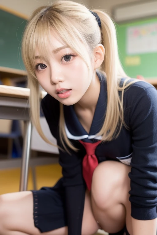 16 years old,smile,blonde,Japanese,White shirt, Ribbon tie, Pleated skirt, Micro Mini Skirt, loafers, whole body,Beautiful thighs,Sitting,(Real schoolgirl:1.3),(Honor student:1.5),Classroom during lesson,(Small breasts:1.2),(Flat Chest:1.2),(Long and flashy nails:1.4),(slender),(anorexia)