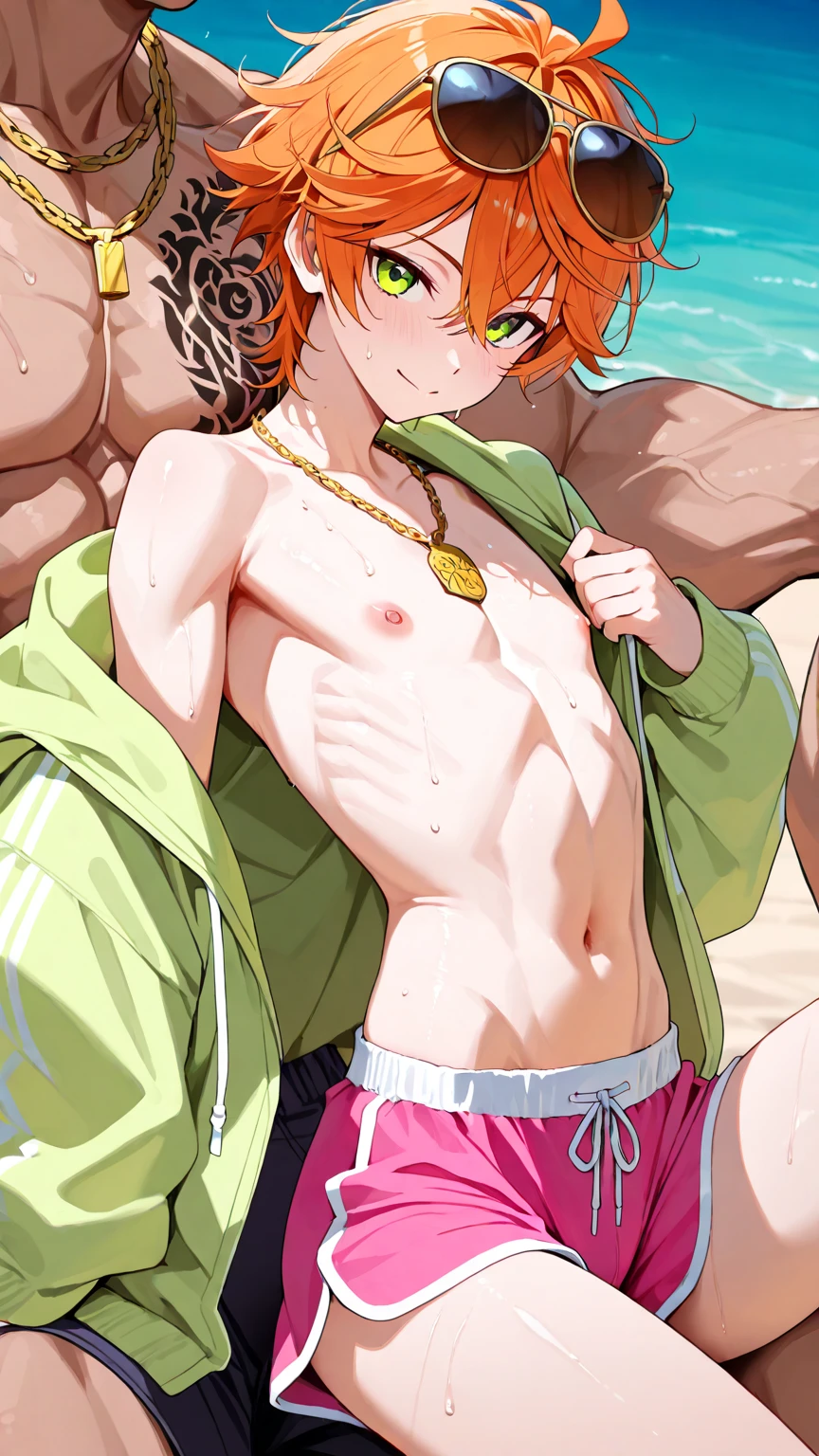 Boy, slim, Cute, Pale white skin, ginger, green eyes, Short orange/red hair, on beach, looks shyly at the viewer, smiling, naked boy chest, wet, spread legs, squatting, ass view, back view, shorts, 