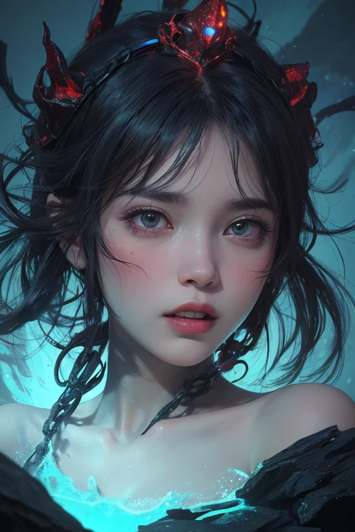 A beauty in the dark, Behind it are lights, dark blue hair, demon horns, mole under eye, heart-shaped pupils, lonely, Verism, partially underwater shot, close-up, 85mm, f/1.8, UHD, textured skin, highres, best quality, high details, anatomically correct, retina, masterpiece