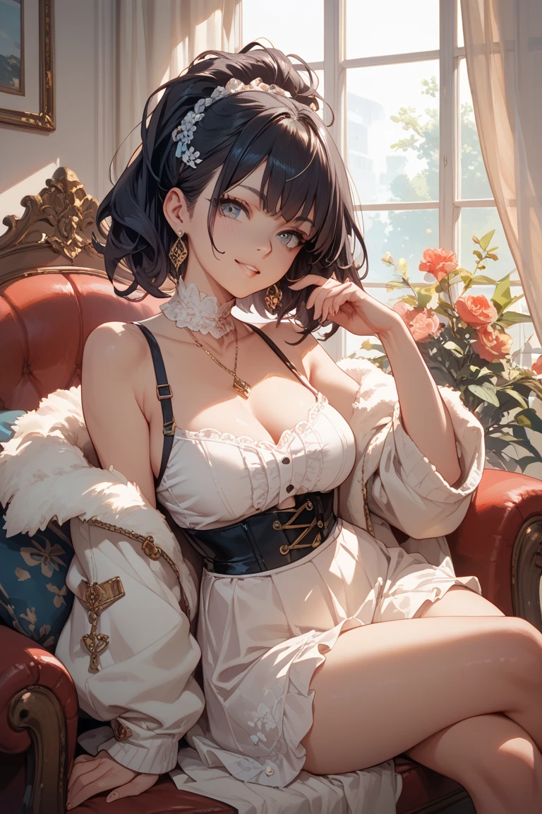 (((Masterpiece))),(((Super Detail))),(((in 8K))),(((best composition))),(((Rim lighting,Fireglow effect,deep shadow))),solo),Beautiful fingers,Detailed finger features,(Detailed hair features:1.7),(Dynamic and sexy bending pose:1.3),detailed facial features,detailed clothes features, (perky chest:1.1), (pointed chest:1.3), delicate beautiful face, Bright blue eyes, cute eyes, sparkling eyes, Big eyes, beautiful detailed eyes,double bun with glittering hair ornament:0.6,(super detailed glossy skin:1.3),slender body,goddess smile,((with sparkling eyes and a contagious smile)),beautiful posture,have a cup of coffee,black hair, red eyes, dress, bare shoulders, jewelry, collarbone, sidelocks, hairband, earrings, indoors, off shoulder, sweater, arms behind back, plant, short hair with long locks, white hairband, off-shoulder dress, sweater dress, off-shoulder sweater, red sweater, big side hair, very long side hair,(super delicate floral pattern:1.2),seductive cleavage:1.3,beautiful glossy legs,shiny red high heels,lifting dishes with cakesd,french restaurant,hustle and bustle,rising steam,(((depth of fields)))