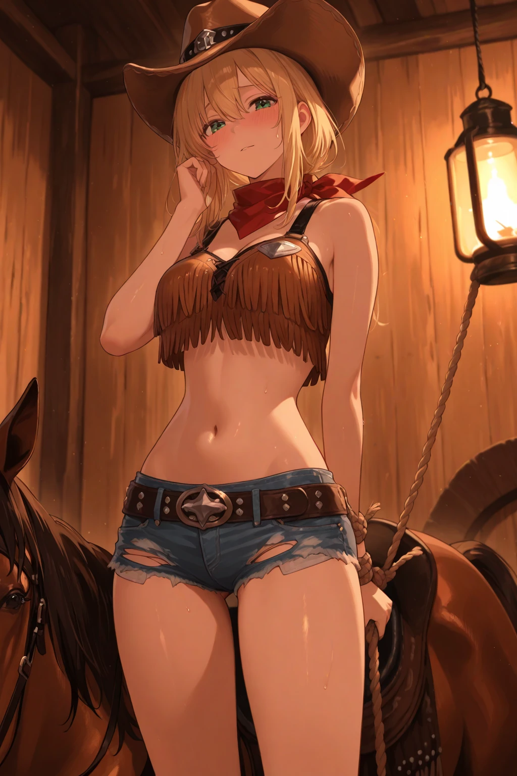10th Generation,A beautiful woman,Beautiful buttocks,Moe,Red ribbon bikini,Denim shorts,Ten-gallon hat,Golden long hair,blue eyes,Show your ass