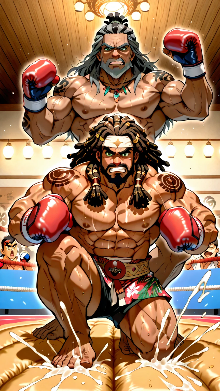 Super muscular adult boar beastman,(Wear Hawaiian traditional clothing:1.7),Open your mouth and stick out your tongue,(Surrounded by erect men:1.2),(a large amount of semen on the face and body,:1.8),Southern Island,(Anal Sex:1.5),Brown fur,Black hair and beard,Kneeling,Tattoo,Close ~ eyes,Huge erect penis,(Nipple ring piercing:1.2),lick