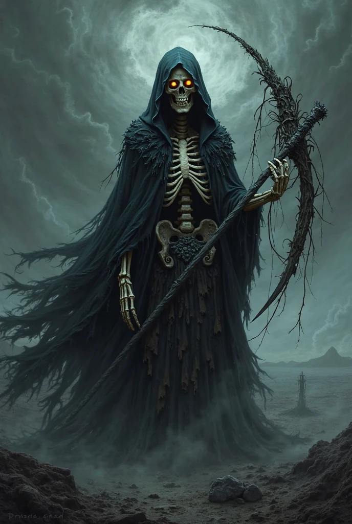 A dedly Soul  open mouth,equip scythe in kiler pos , close photography 