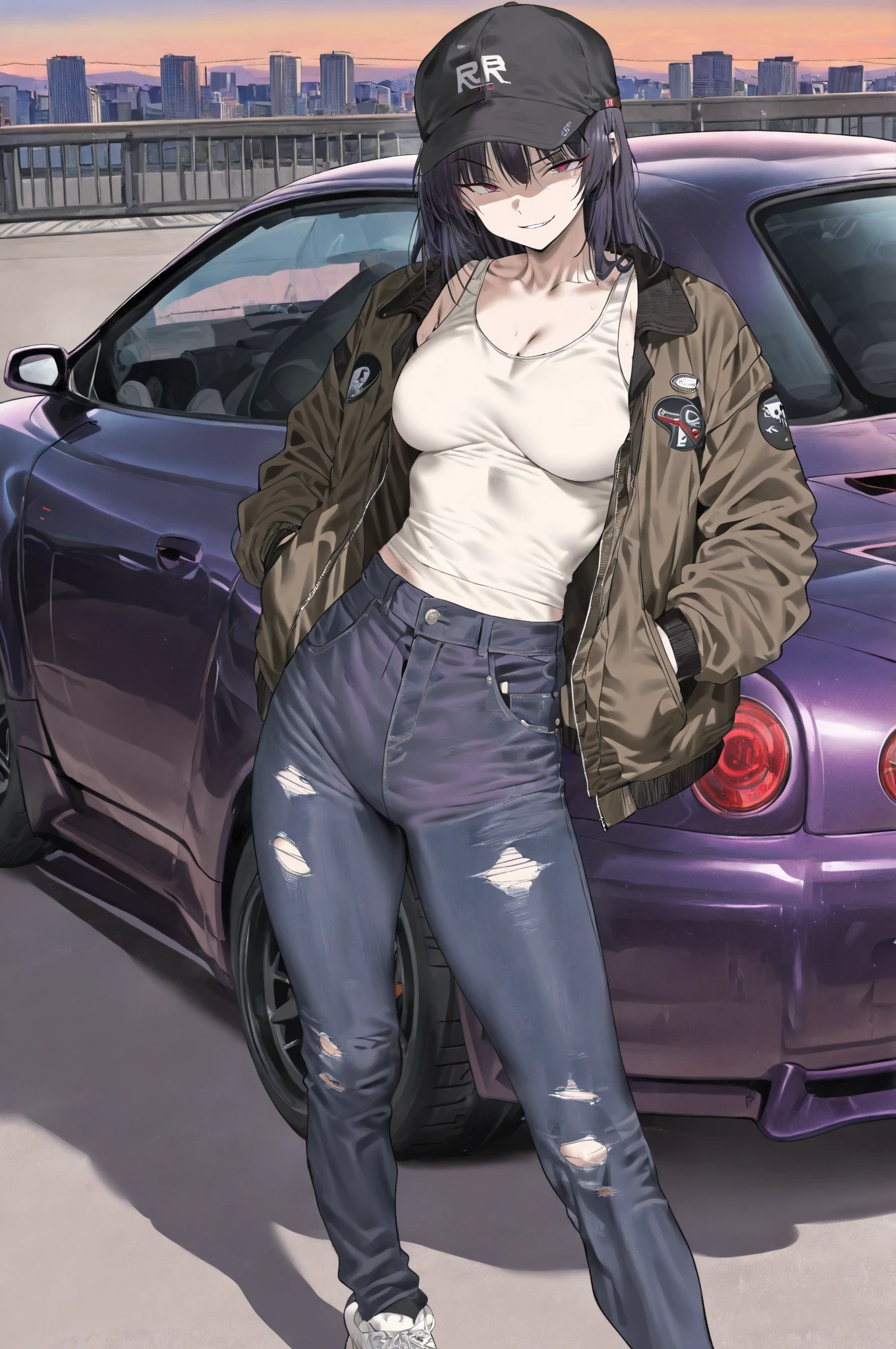 2 anime girls, topless, wearing blue panties, tattoos their chest, tattoos on their arms, standing next to a purple lowrider car, by the lake, 8k, full frame