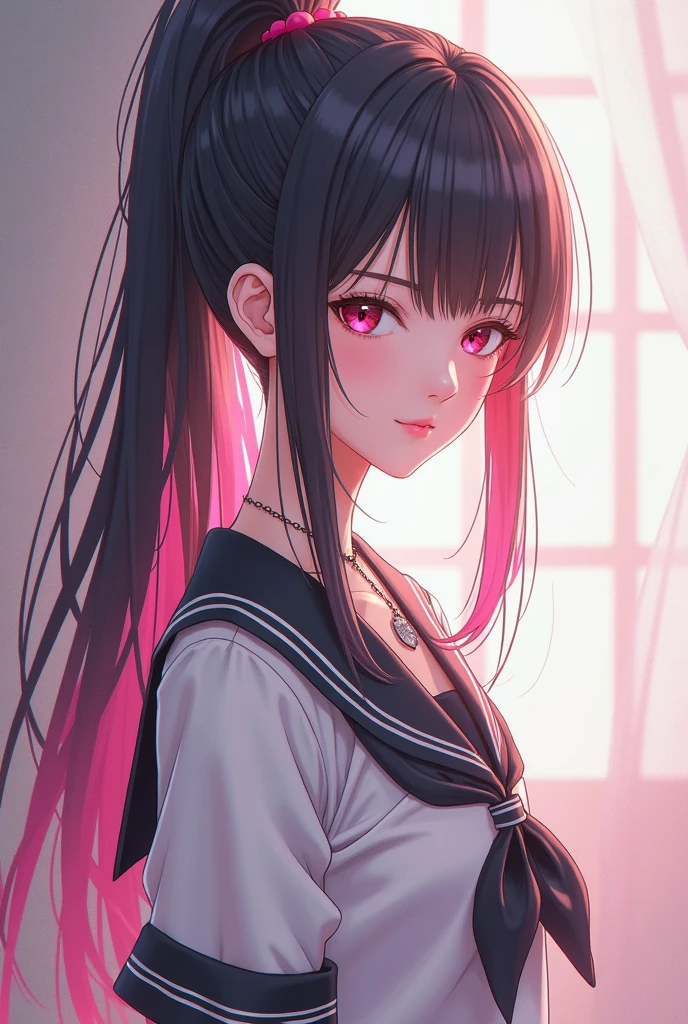 Black Eyes, 1 woman, (female)), solo, real, top quality, photorealistic, masterpiece, 8K, HDTV, solo, hdtv face, soft lighting, bedroom, ((daytime)), sky, (looking at camera), (portrait: 0.6), full-body, (medium hair), ponytail, brown hair, floating hair, lips, lipstick, seductive smile, Floating hair, smile, open mouth, teeth, eyelashes, Nogizaka 46, Moeka Tada, Akari Suda, idol, beautiful girl, ((uniform)), (((standing))