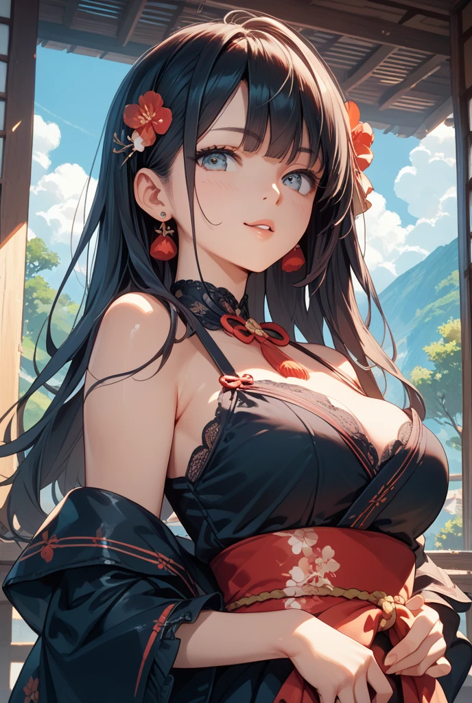 nine tailed girl, blue and green eyes, corpulent, full lips, long bluish black hair, black wolf ears, black white and red shoulder-to-shoulder yukata kimono.]