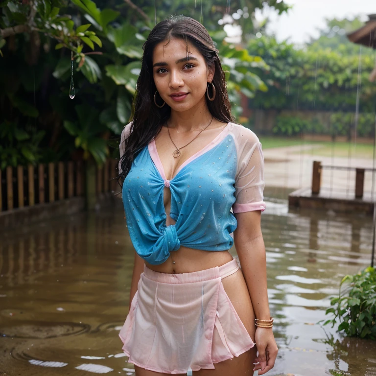 ((One desi 10 year old girl, school dress , (((38DD size round breast ))) , semi curvy, small waist, ((croptop and tight shorts, high boot )), (Laia Manzanares) (Tween model, 8 years old, young)), Ethereal beautiful, slim, , Burnett hair, hezel eyes, small waist, , Soft light, full body picture, masterpiece, ( sitting on the rock and cameltoe visible, soak wet in rain ), Best Quality, Photorealsitic, 8K, High resolution, Detailed skin, 8K UHD, Digital SLR, Soft lighting, High quality, Film grain, FUJI XT3,