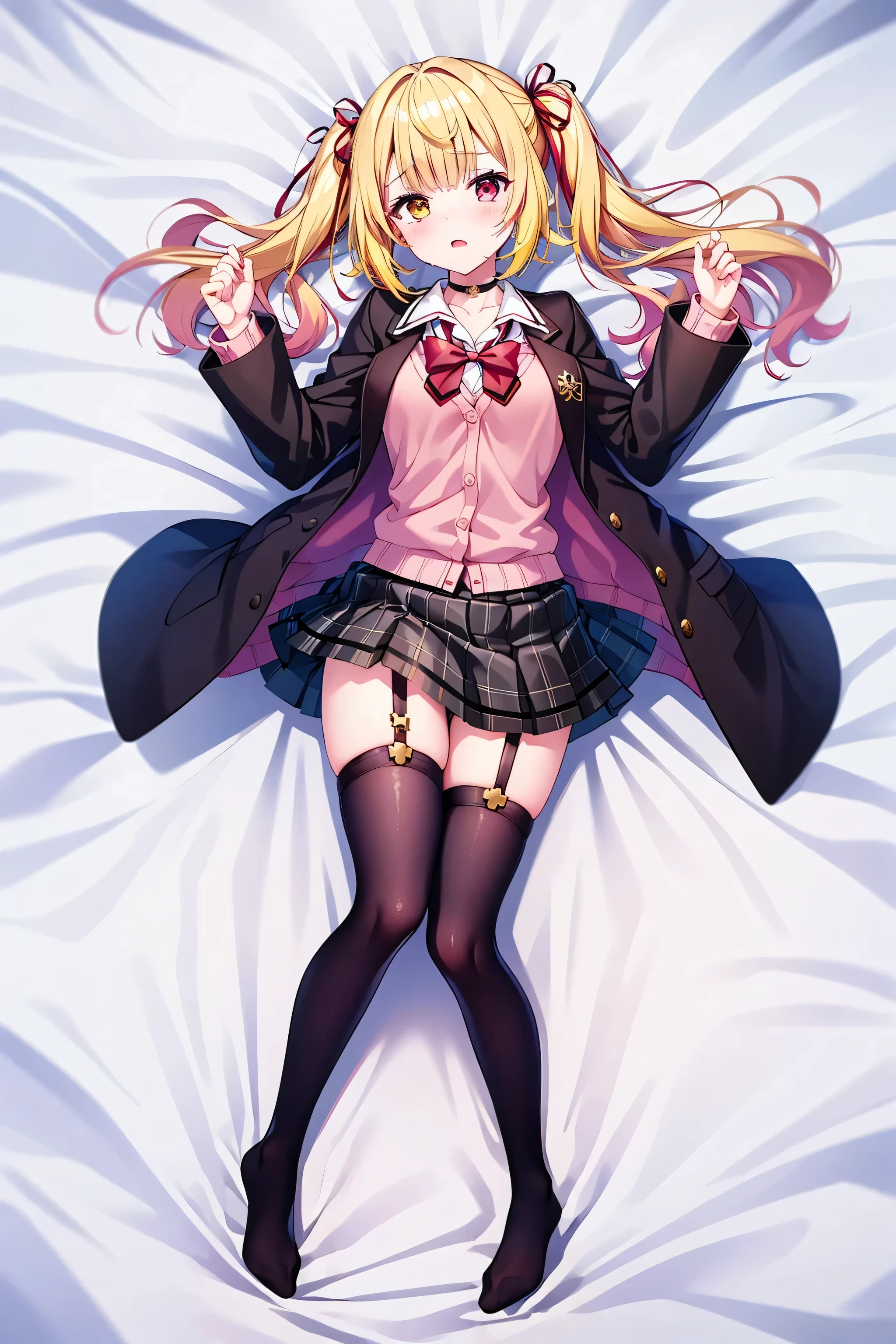 1 person, Red Eyes, Yellow Eyes, Blonde, twin tails, Medium Hair, hair bow, pink cardigan, Dark Brown Blazer, black thigh high socks, plaid skirt , black choker, garter belt, school uniform, white sheets, Lie on your back, Embarrassing, Red cheeks, Seducing Men, I'll raise my hands, Full Body, High Waist
