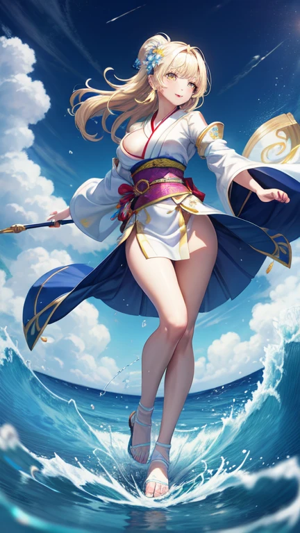 (best quality, masterpiece), 1 girl, full body, looking at the viewer,Beach,klee genshin Impact,frozen,Transparent clothes, cute small face, extra Dense and large breasts , white background