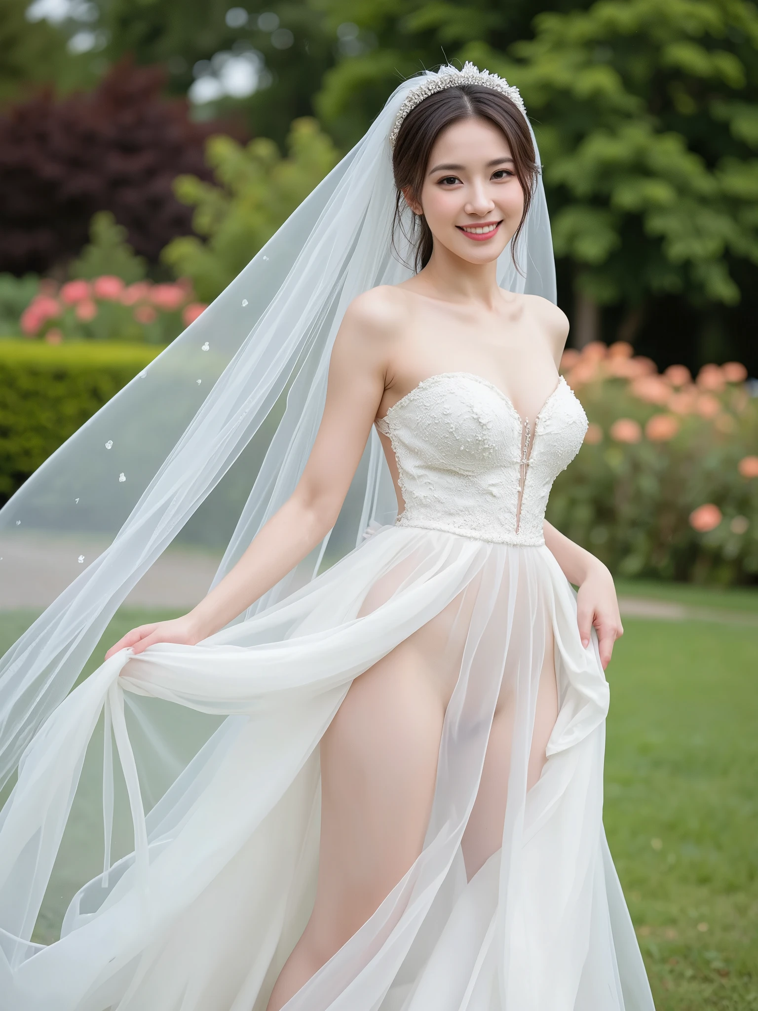 fashion model 18 years old， [[[[close up]]]], [[[[Rapeseed]]]], [[[[Shoulder]]]], perfect eyes, perfect iris，perfect lips，perfect teeth，perfect skin，White skin，high-density imaging review，super pretty girl，(delicate face)，(Highly clear face)))，(((White three-point underwear)))，(((Put the wedding dress on your head)))，(((big breasts)))，(((courtyard in background)))，((W smile))，((charming expression))，((looking at the audience))，((面部的close up))，((Half body photo))，4K Ultra HD, ultra high resolution, (realistically: 1.4), best quality，masterpiece，（pastel colors：1.2)
