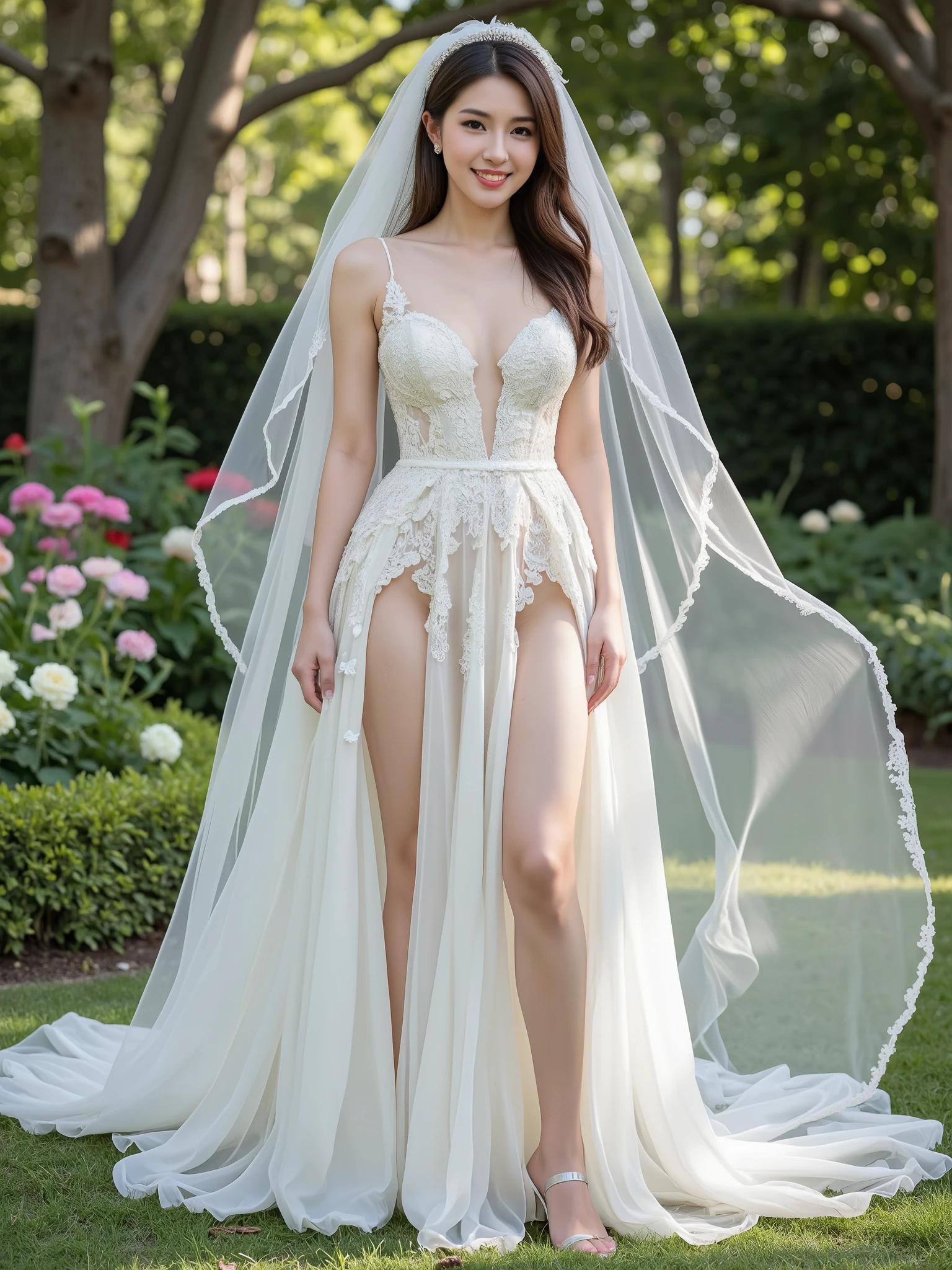 Full body of a beautiful happy bride wearing bridal veil, flowing translucent wedding gown showcasing her body and thighs, windy garden in background, soft focus.