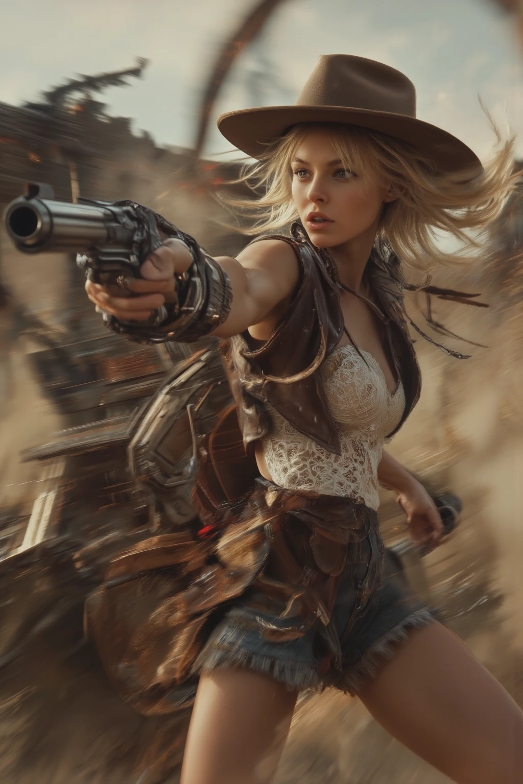 arafed woman in a cowboy hat holding a gun in a desert, post - apocalyptic cowgirl, cyberpunk wild west, karol bak uhd, cowgirl, deviantart artstation cgscosiety, ultra realistic concept art, stunning cgsociety, 4 k wild west, western gunslinger, highly realistic concept art, oldwest, cow-girl, post - apocalyptic cowboy
