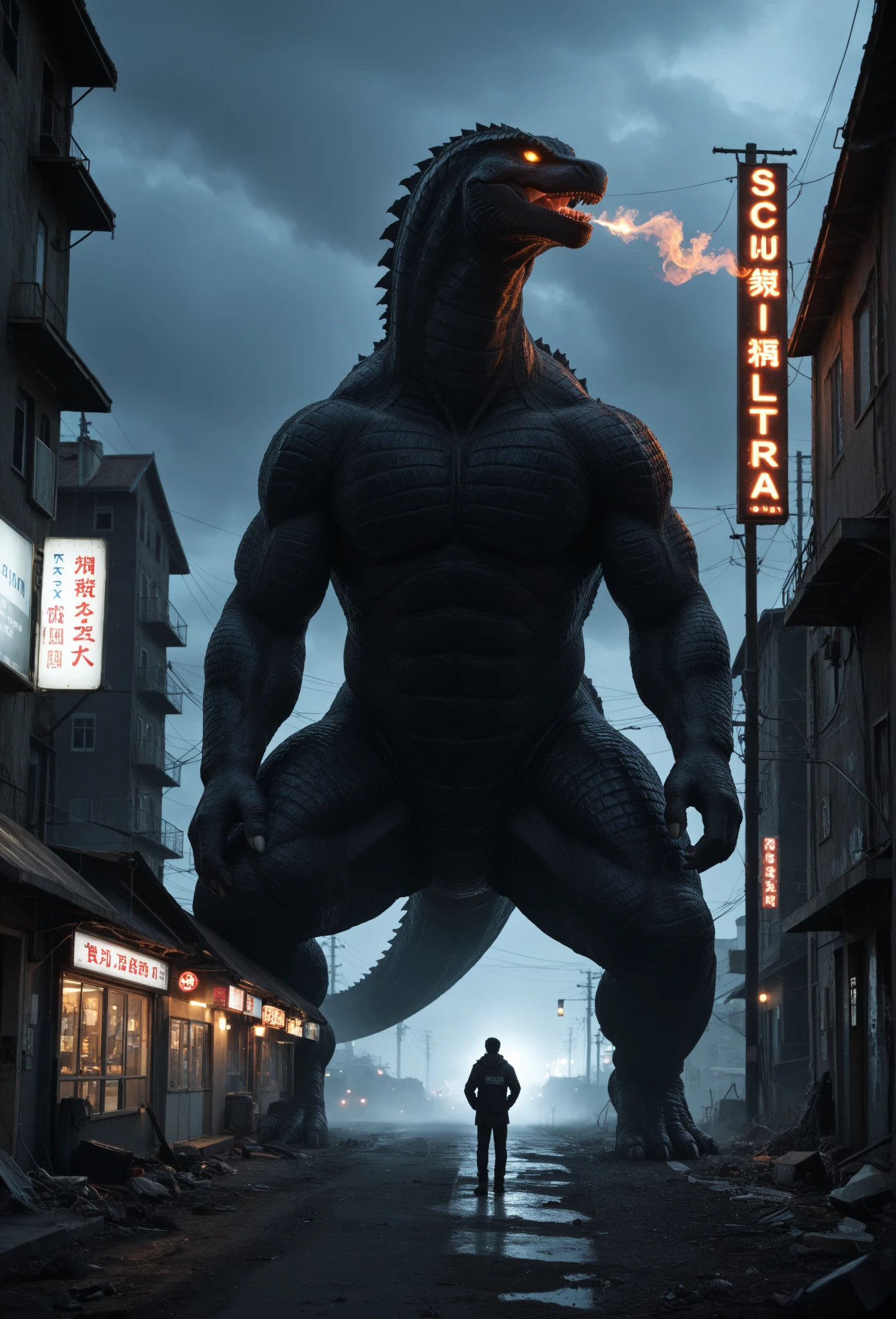 monochromatic、Godzilla、25 meters、Biological silhouette、Streetscape、Shanghai、Look Up、bark、The tail dances
