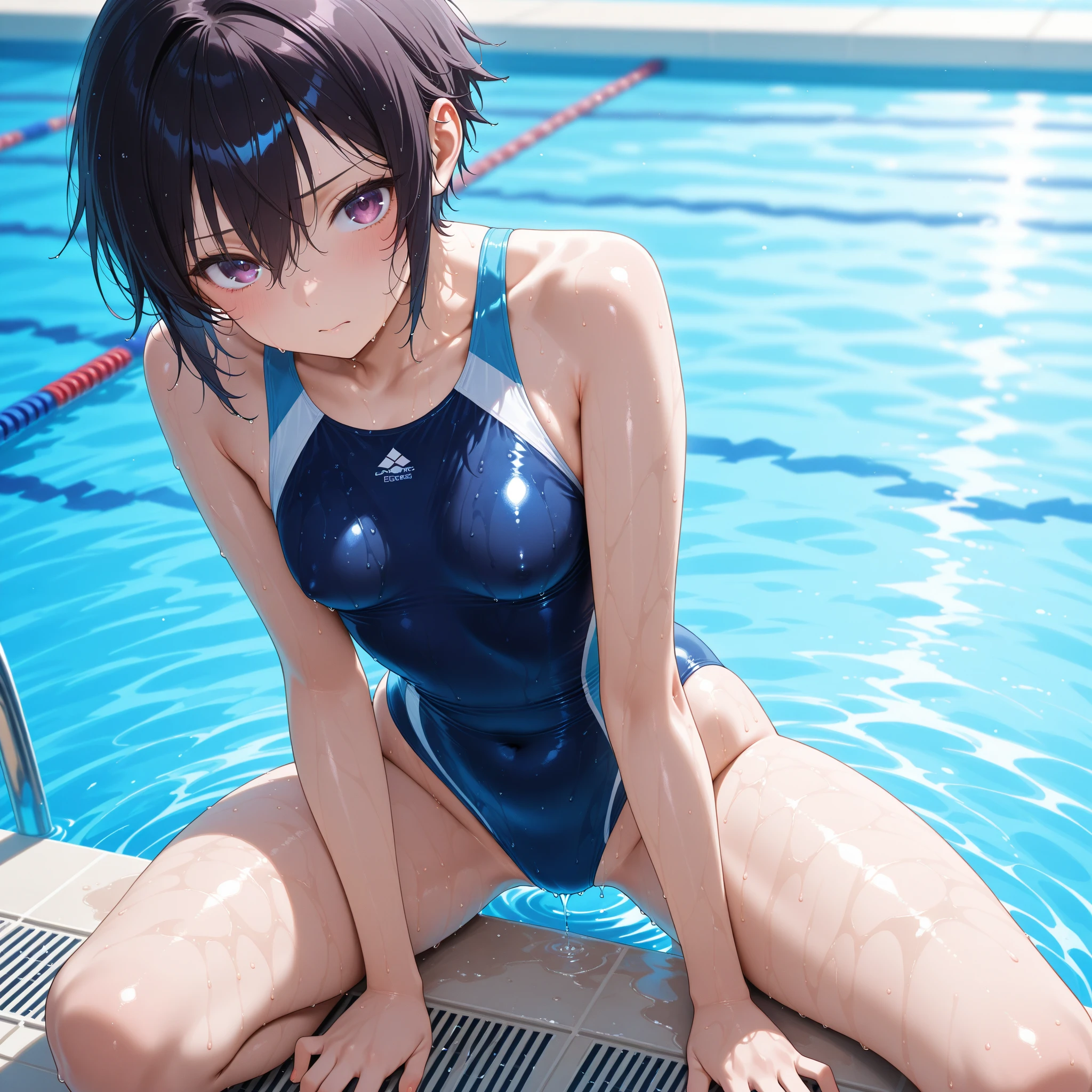 Super high quality by the art god, super detailed, High resolution, Shinkai Makoto style, anime moe art style, best anime 8K konachan wallpaper, pixiv contest winner, perfect anatomy, break,(スクール水着を着た女の子がプールサイドのベンチにalone眠そうに座っている絵を描いてください.),break, surreal girl, (alone,lolita, , 13 years old:1.3),All limbs, full finger,, androgynous charm, (very short hair), wet hair, small round breasts,slender body, small ass, between legs, Small black eyes,hanme,beautiful and fine eyes, Well-proportioned iris and pupils, sleepy eyes, High resolutionの詳細な髪, School swimsuit wear,in School pool. break,super dense skin, shiny skin, Best lighting by famous artists, 8K, figure,surrealism, UHD, rough skin