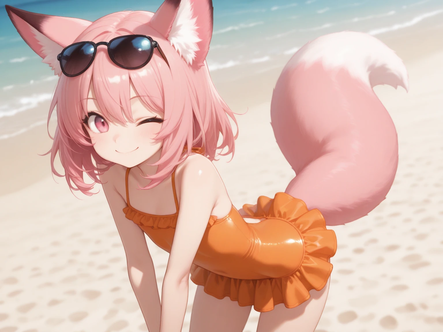 Furry-character, pink hair, on the knees, standing on the table, crotchless panties,, beach, night, kids on the background watching 