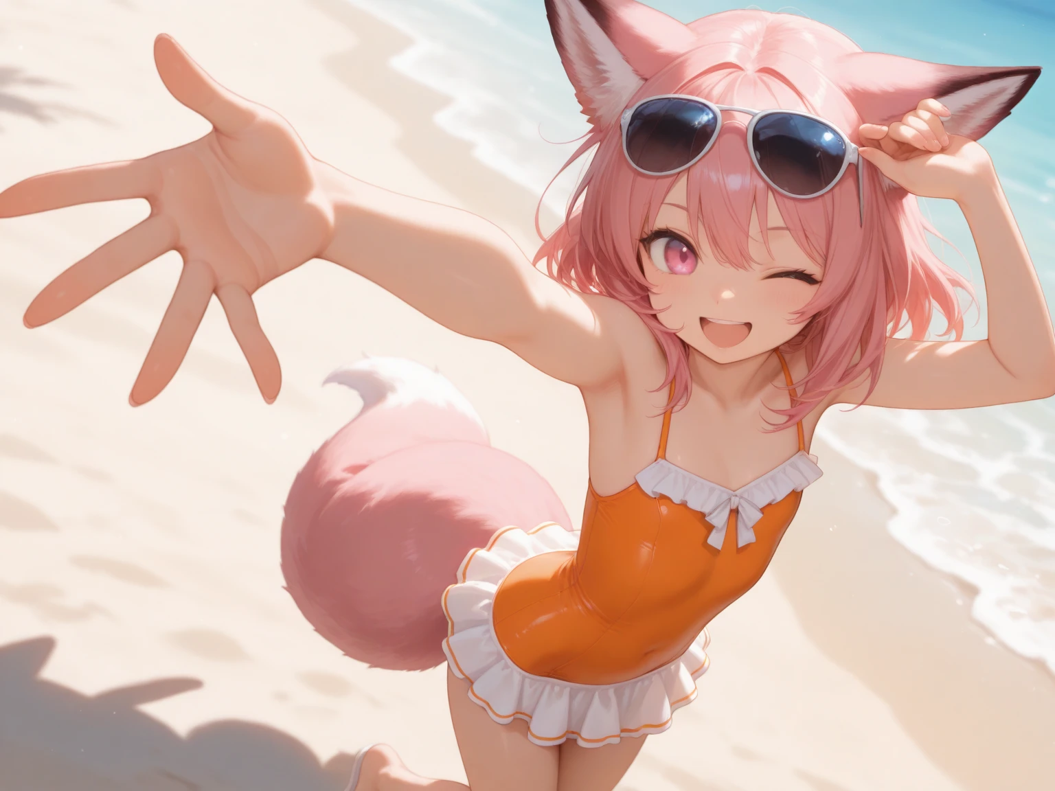Furry girl sitting or laying down, short hair, wearing pink underwear and pink full cup bra, nice size breast. Side view, pink pace choker, side body, wearing mask.
