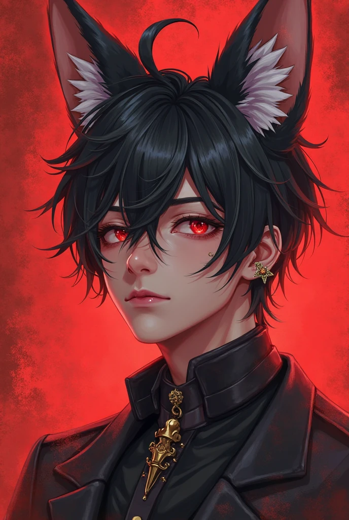 1boy, black hair, cat boy, dark skin, facial hair, facial mark, hair between eyes,lips, looking at viewer, male focus, neck tattoo, parted lips, red eyes, red hair, short hair, simple background, slit pupils, solo,
