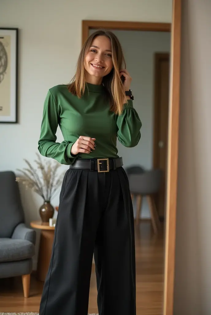 [professional::0.3][intricate:0.3:0.7][digital:0.7]-photography, <lora:AgnesJohnson1.0:0.75> agnesj, woman, turtleneck, pencil in hair, solo, hair bun, single hair bun, green sweater, belt, smile, green skirt, standing, front of a classroom , picture-perfect