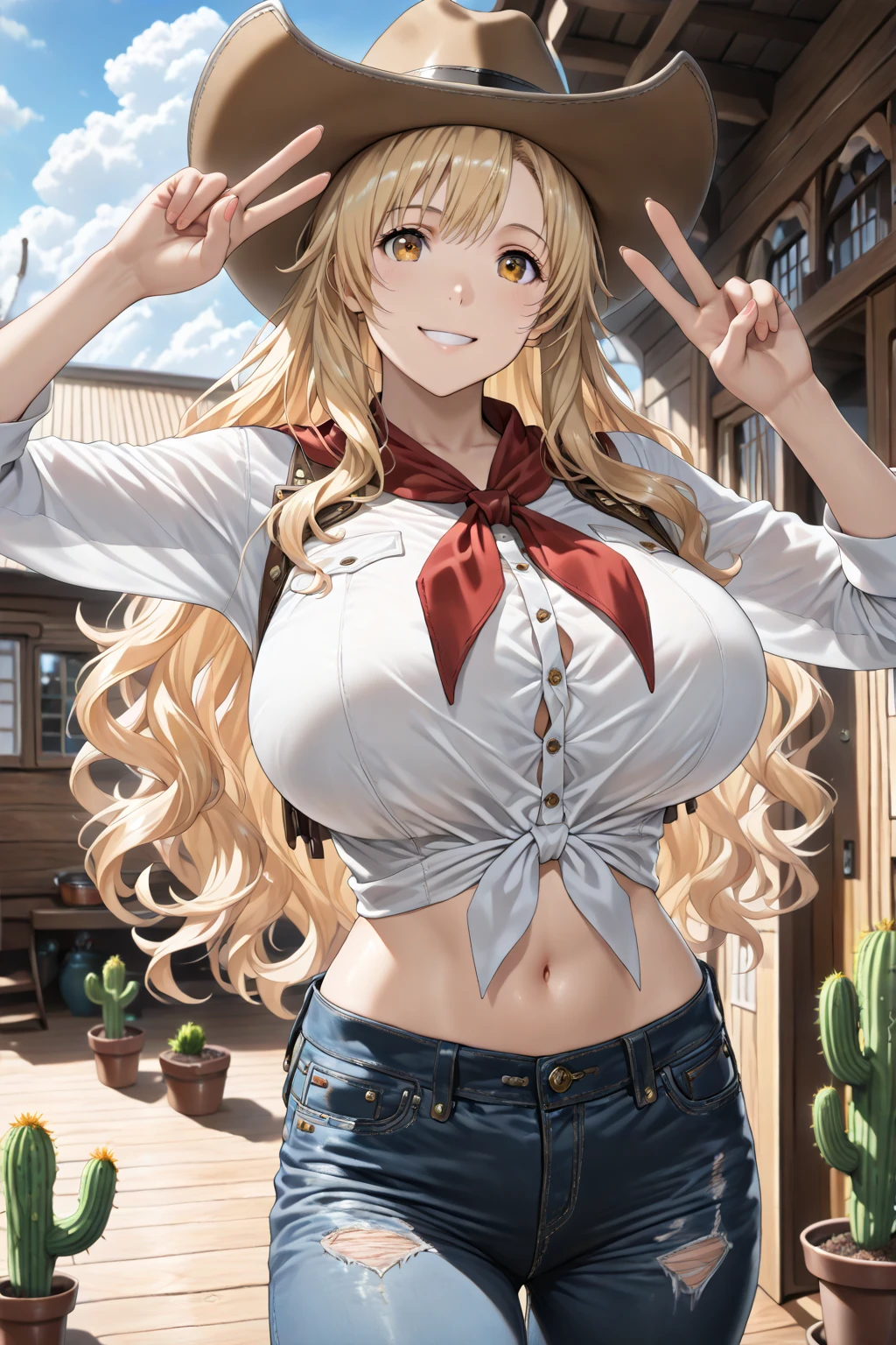 Lucy Heartfilia, 24 year old woman long straight blonde hair,, Brown eyes, big breasts cow pattern bikini , pantalones vaqueros de mezclilla, brown cowhide boots,  hands behind the head background of a ranch, arms behind the head, sonrisa coqueta, pechos in front of the camera. in front of the camera. pechos en primer plano.