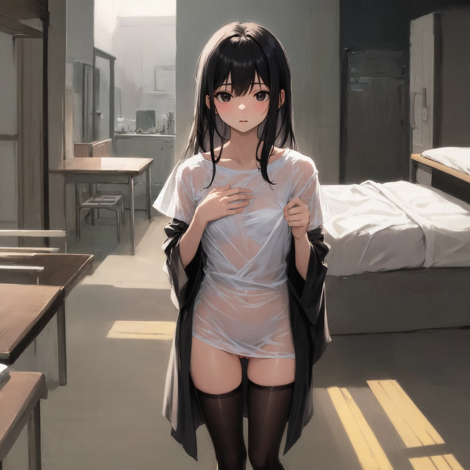 (NSFW1.5)、(I'm afraid of the toilet 1.4)、High School Girl), ((see-through langerie:1.4))、((barechested:1.4))、look at viewr, Master masterpiece、top-quality、The ultra -The high-definition、Top resolution、ighly detailed、Professional Lighting、CG Illustration、Thin、Very cute、small tits 、 droolng、(cleavage of the breast:1.2), Dark hair、Semi-long hair、blushed、Open legs、Raise your legs、From below、a sailor suit、(((nipple1.3)))、  The nipple is visible、Pubic hair is visible