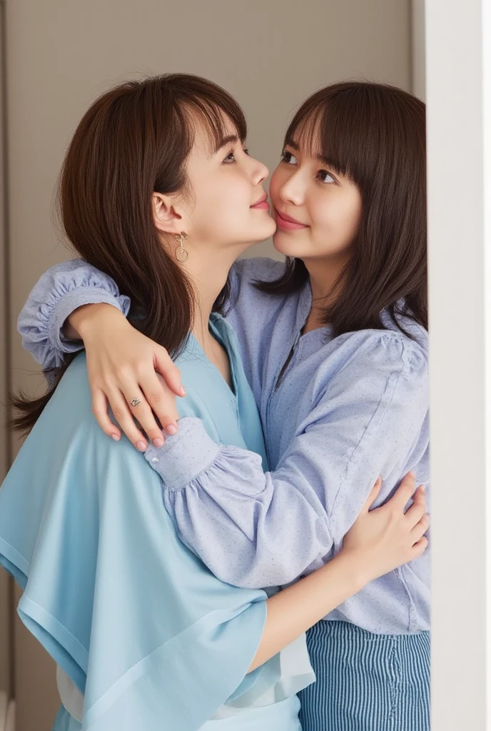 1 Mother, Long Hair with Bangs, Pink Satin Pajamas, Kissing, Asian, Own Kids with Satin Pajamas, Bedroom, smile.