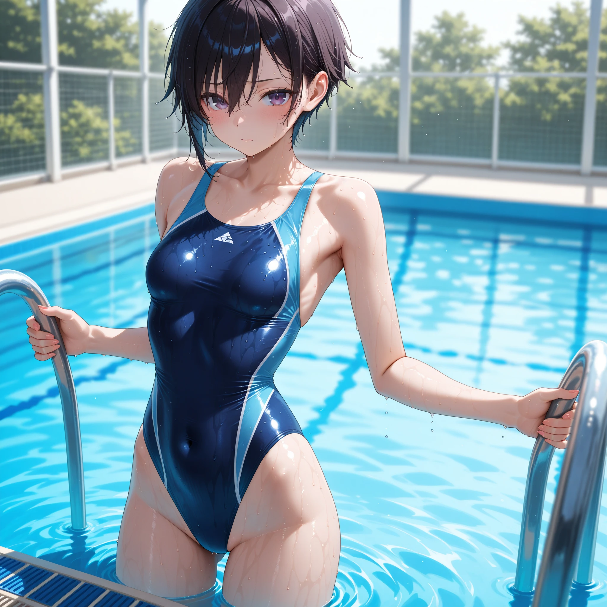 ((masterpiece,best quality,ultra detailed,high resolution)),(daytime,clear weather,bloom),looking viewer,((solo,girl)),(black hair,straight hair),(detailed face,detailed eyes),(finely detailed skin,fair skin),slender,smile,(competition swimsuit),(on the pool,beautiful sky),leaning forward,(from behind,back shot),