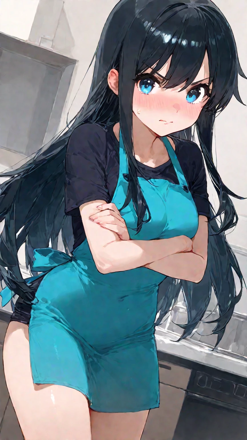 (Flat Color:1.3),(colorful:1.3),(masterpiece:1.2), Highest quality, girl、Large breasts、naked、apron、kitchen、blush、Embarrassing