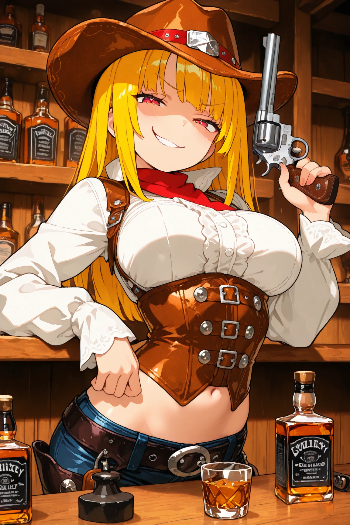 Highest quality, blonde、Golden Eyes、Big Breasts、topless、With a revolver、Brown mini skirt、Ten-gallon hat、Western Boots、Accentuate your breasts、A fearless smile、Erect nipples