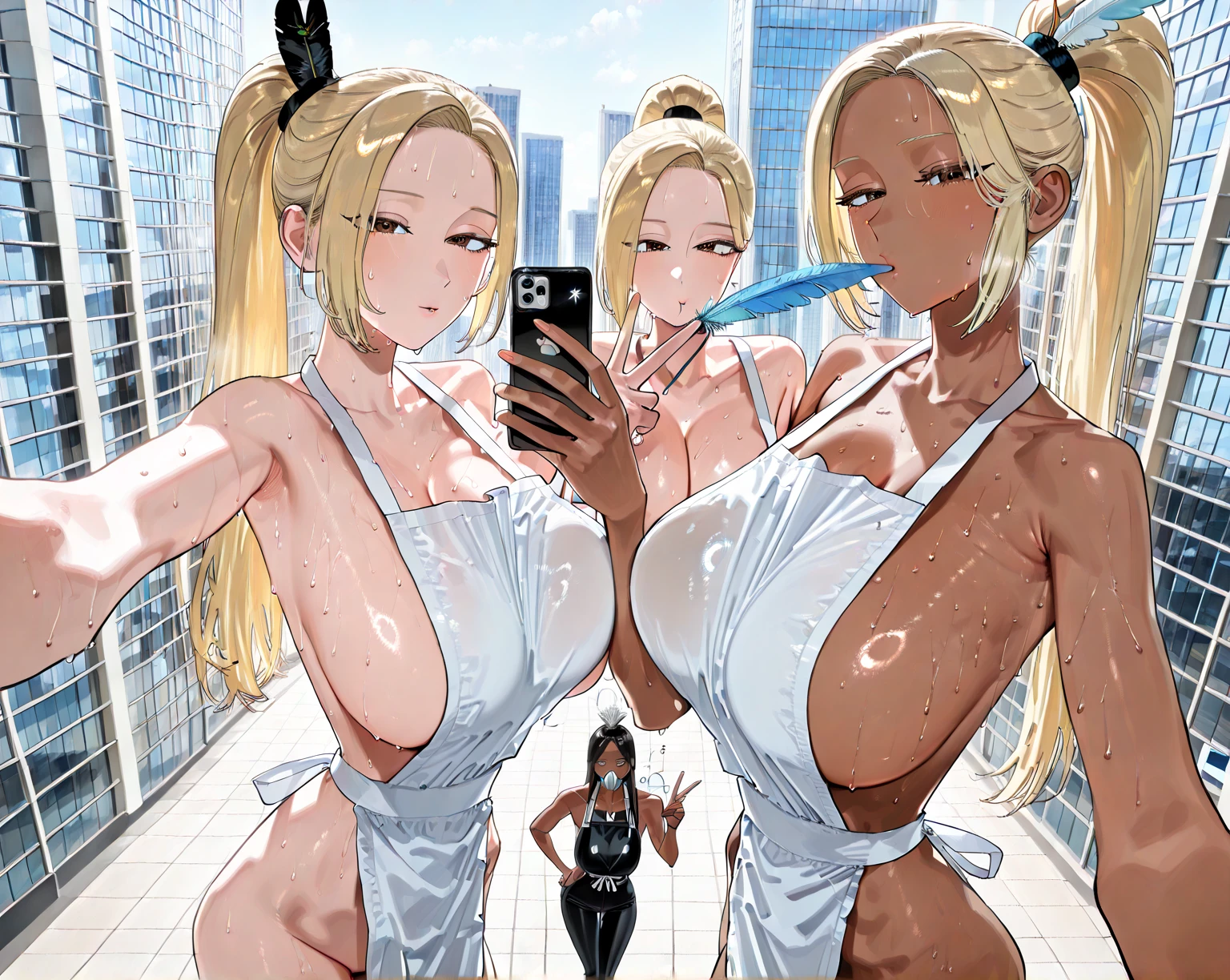 Best quality, massive breasts, massive ass, very curvy, dark brown skin, long blond hair, yellow eyes, slutty, gyaru, full lips, seductive, smiling ,  blond hair, gyaru, darkskin, blonde, white bikini, beach, camera, filming, being filmed, white bikini, yoga gym, darkskin, tan, white bikini , grop, multiple man, surrounded by men, , men checking out women at beach, surrounded by multiple men at, curvy milf, purple ,white bikini , one women surrounded by men, horny men, blonde, brown skin, tan skin,  brown skin, tan skin, brown skin, dark skin, camera, being filmed, filmstudio, film studio at the beach, huge ass, massive ass, dynamic pose, sfw