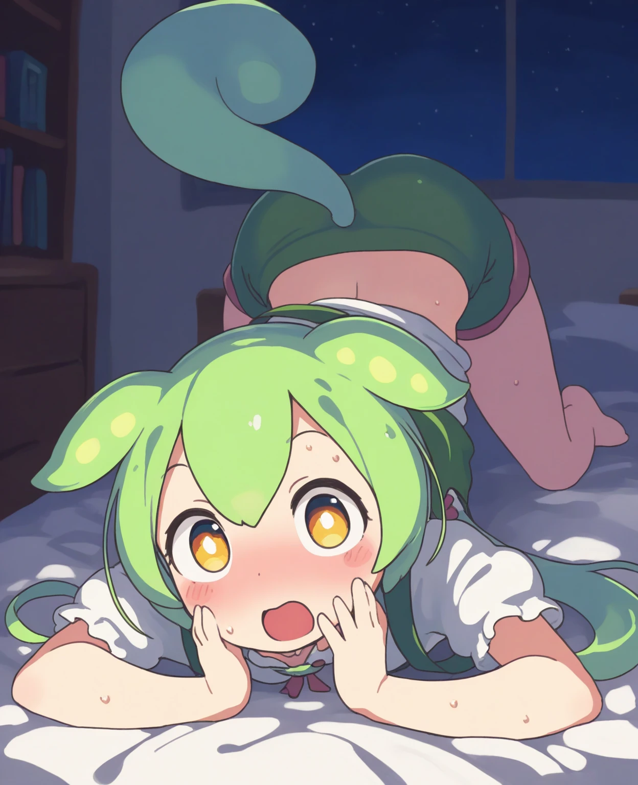 (masterpiece, best quality), 1girl,Looks about 16 years old,ultra detailed eyes,
(in heat:1.5),(sideways glance:1.3),look of temptation,Gal-like,
(braided bangs,long hair,green hair),pointy breasts,large areolae,pointy ears,
white lingerie,(back shot:1.3),(leaning forward:1.4),(ass close-up1.8),(ass focus:1.8),(very close to viewers:1.2),(bedroom,on bed:1.5),(from below:1.7),(embarrassed,blush:1.5),