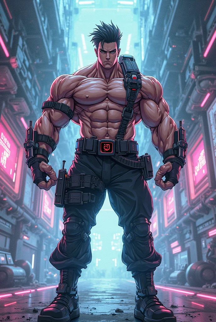 Mature, male, handsome uncle, muscular macho, bodybuilding, muscle behemoth, pectoral muscles, abs, muscle bulge, in mechanical city, cyberpunk style, mechanical headphones, cargo pants, mechanical wind, neon lights, mechanical repairman, tall