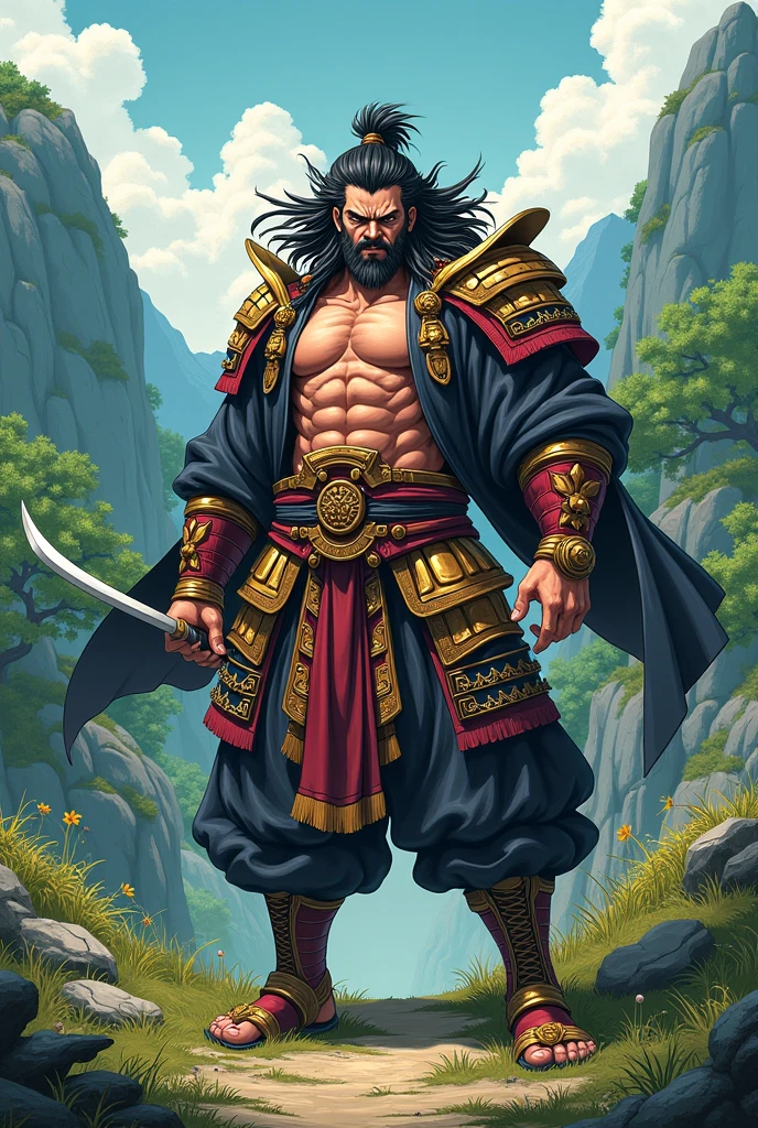 Arafard man holding sword and cloak standing in front of circular background, Samurai of Japan, Chinese Warrior, picture of an adult male warrior, Guan yu, by Raymond Han, samurai warrior, Samurai, muscular character, powerful warrior, epic digital art illustration, Male Warrior, wojtek fus, Inspired by Hu Zaobin, author:Liang Kai