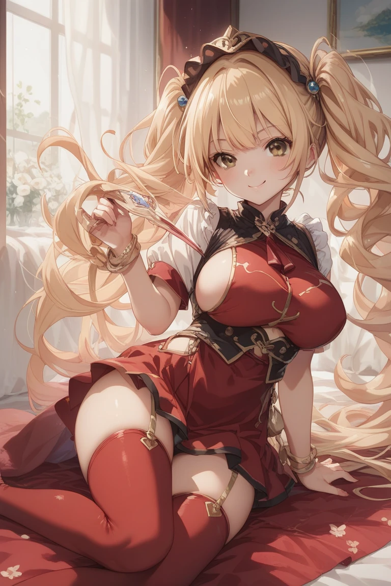 Masterpiece, best quality, highres, highly detailed, 1 girl, long blonde hair, blue eyes, no twintails hair, large breast, red lingerie dress, red lace panties, red garterbelt with stocking, she wet, nipple perked out from under lingerie,