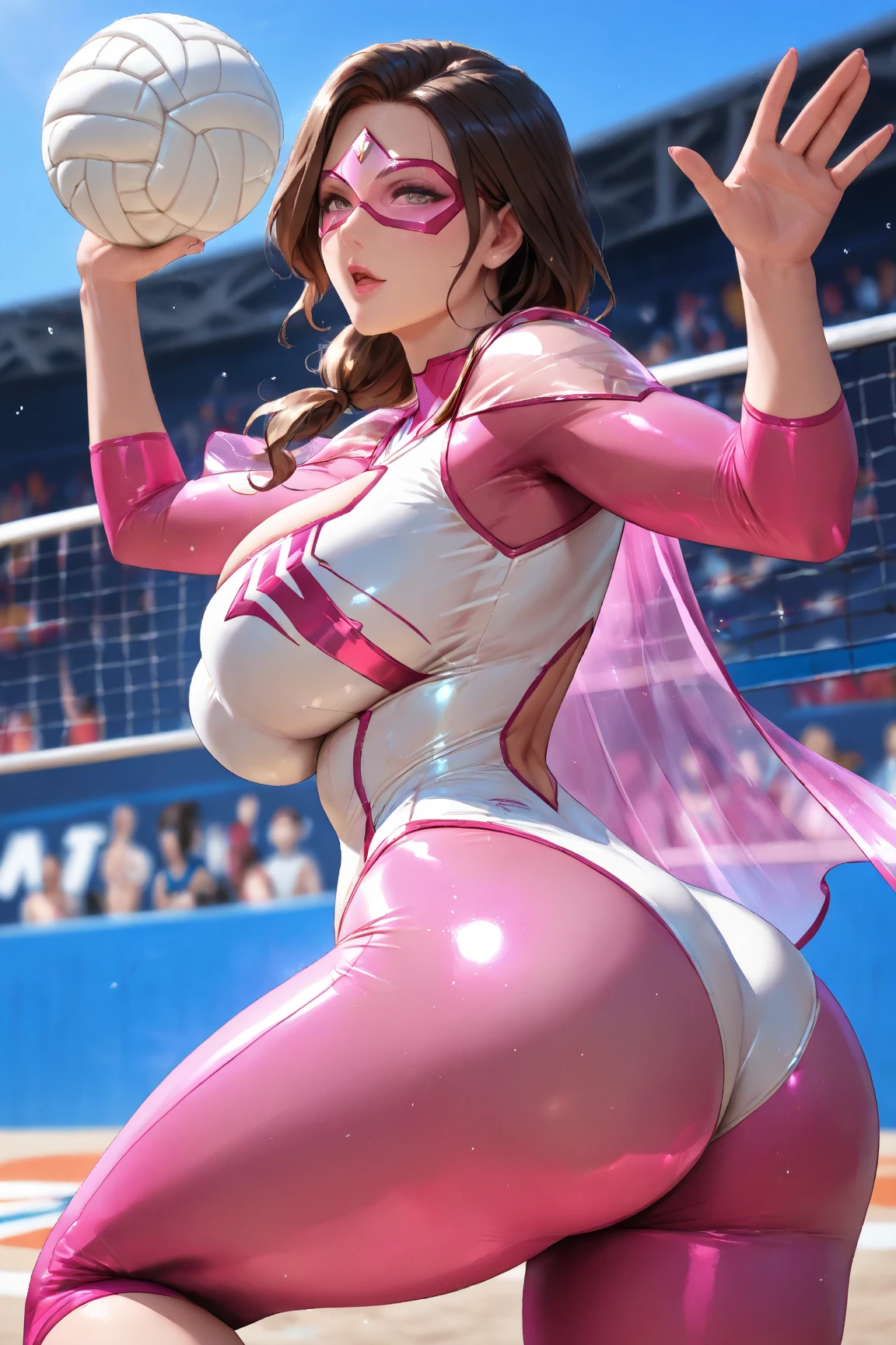 Arafe woman solo with ponytail hair、Fighting Game Fighter、Fitness Model、Big breasts about to burst、No exposed skin、Metallic orange fighting suit、thin and long legs,、Fitness Body Shape、half-pants、White belt、Pose ready to fight、Mischievous smile