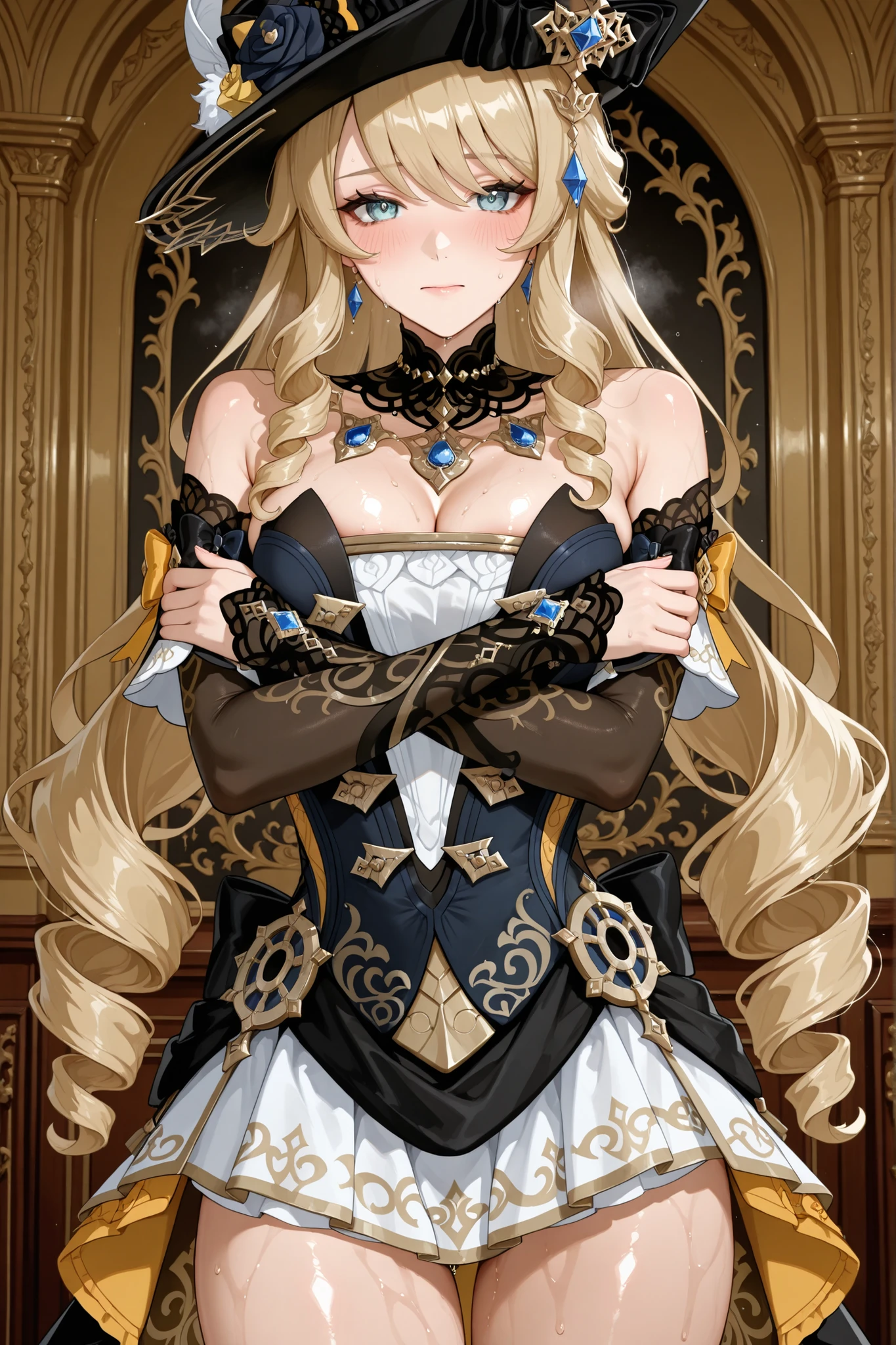 score_9,score_8_up,score_7_up,1 Female, solo,large_, vision_\(genshin_impact\),absurdres, highres, Navia_\(genshin_impact\), looking_at_viewer,Standing position,(Cross Arms),(In Royal Room),Torogao,blush,Shiny Skin,Sweaty Skin,Slim body,Dress,white skirt,(Cowboy shot),((look at the view))