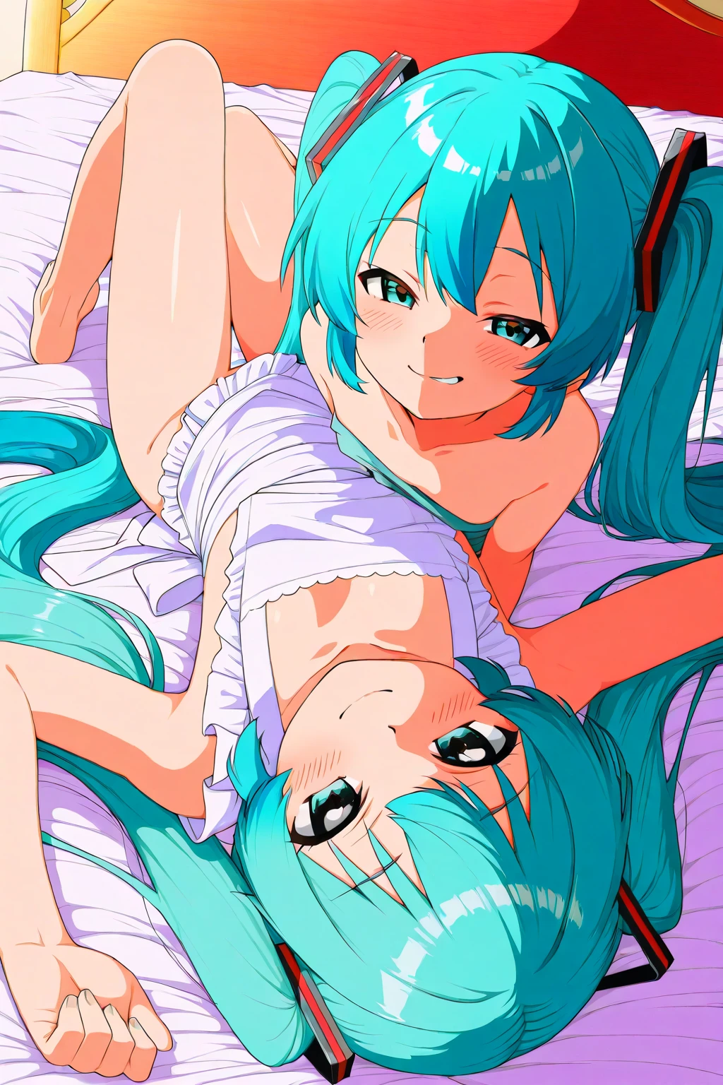 ((best photo quality))(4k)(masterpiece)Miku is with her best friend naked without even anything on lying in bed while one is licking the other's vagina