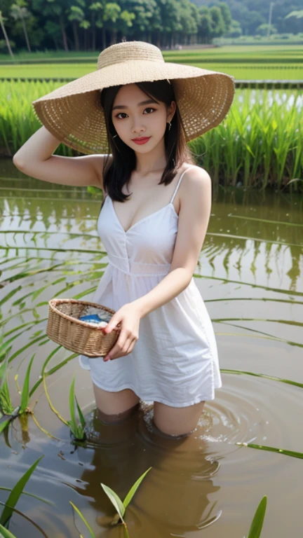 Camera lens，Real-world scenarios，Early morning sun exposure，A young and beautiful Asian lady by the river，（（Sitting by the river, leaning down with feet in the water and stirring up splashes with hands）），Scenes from the 80s，loose floral dress，Twist braids，Larger buttocks，The hips are wide，thin waist，Realistic skin texture，There is a flock of ducks in the river，The water is rippling，blur background，front view，dynamic poses，Ray tracing，Best results，high resolution，masterpiece，Beautiful scene。
