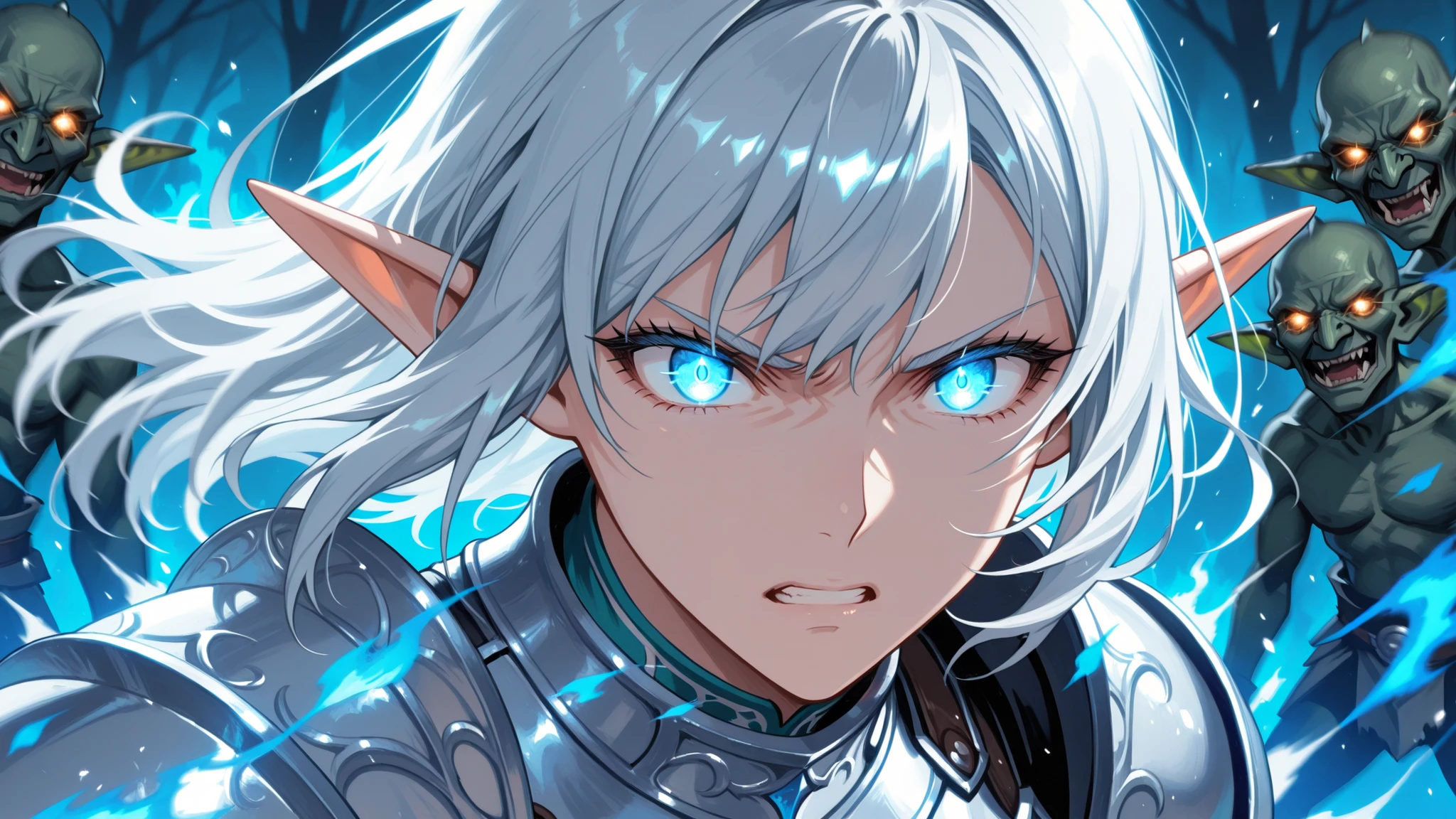 close up shot, beautiful elf warrior face, intense glowing eyes, windswept silver hair, determined expression, blue flame reflection on face, silver and blue armor, motion blur, goblin silhouettes in background, dramatic side lighting, particle effects, battle atmosphere