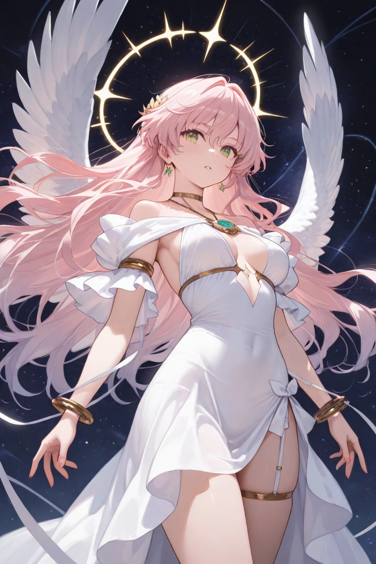 1 woman、爆乳、cleavage of the breast、Pale pink hair studded with stars、Long Lace Bale、Lolita clothes with lots of frills and ribbons、angel wings encrusted with jewels、A smile