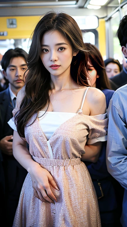 (((best quality))),(((ultra detailed))),(((masterpiece))),illustration,(a stunning girl,solo),(shoulder length straight hair:1.2),((earrings,necklace)),((slim,thin)),((small breasts,flat chest)),(slender legs:1.2),(nude pantyhose:1.3),(loafers:1.2),(standing:1.3), ((awkwardly,painful,embarrassed)),(In modern high-speed railway carriages:1.3),(white dress splattered with red paint stains:1.3),(surrounded by crowded crowds:1.3),((from front,full body)),(arms behind back:1.3)