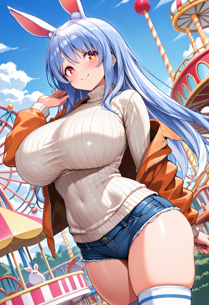 16yo girl, light pink hair, hime cut, long hair, J cup breast, thicc thigh, perfect body, golden pasties on pussy and tits, amusement parks scene, clear view, exhibitionist, shy.