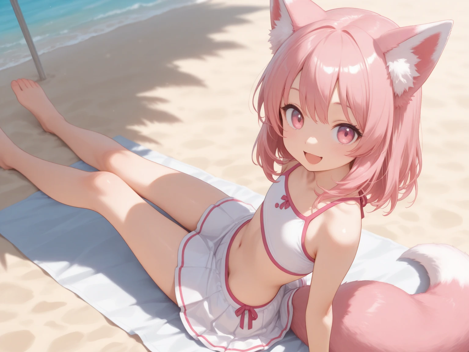 (Masterpiece) (High Detail) (High Res) A short petite humanoid girl with pale human skin and bright turquoise-coloured eyes and long pink hair in a braid and large fluffy pink dog ears and a big fluffy pink dog tail and average breasts. She is relaxing on the beach wearing a Pink Bikini.